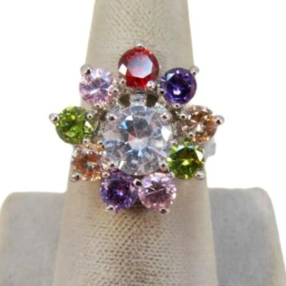 Multi Color Crystal Rainbow Flower Cocktail Ring - Picture 7 of 11